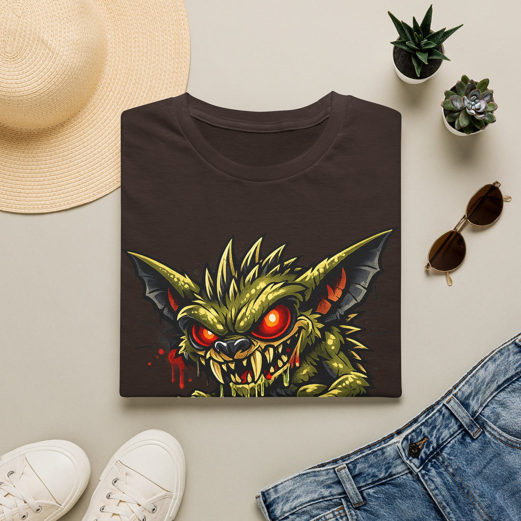 Dark brown unisex crewneck T-shirt, snarling skull graphic with red glowing eyes