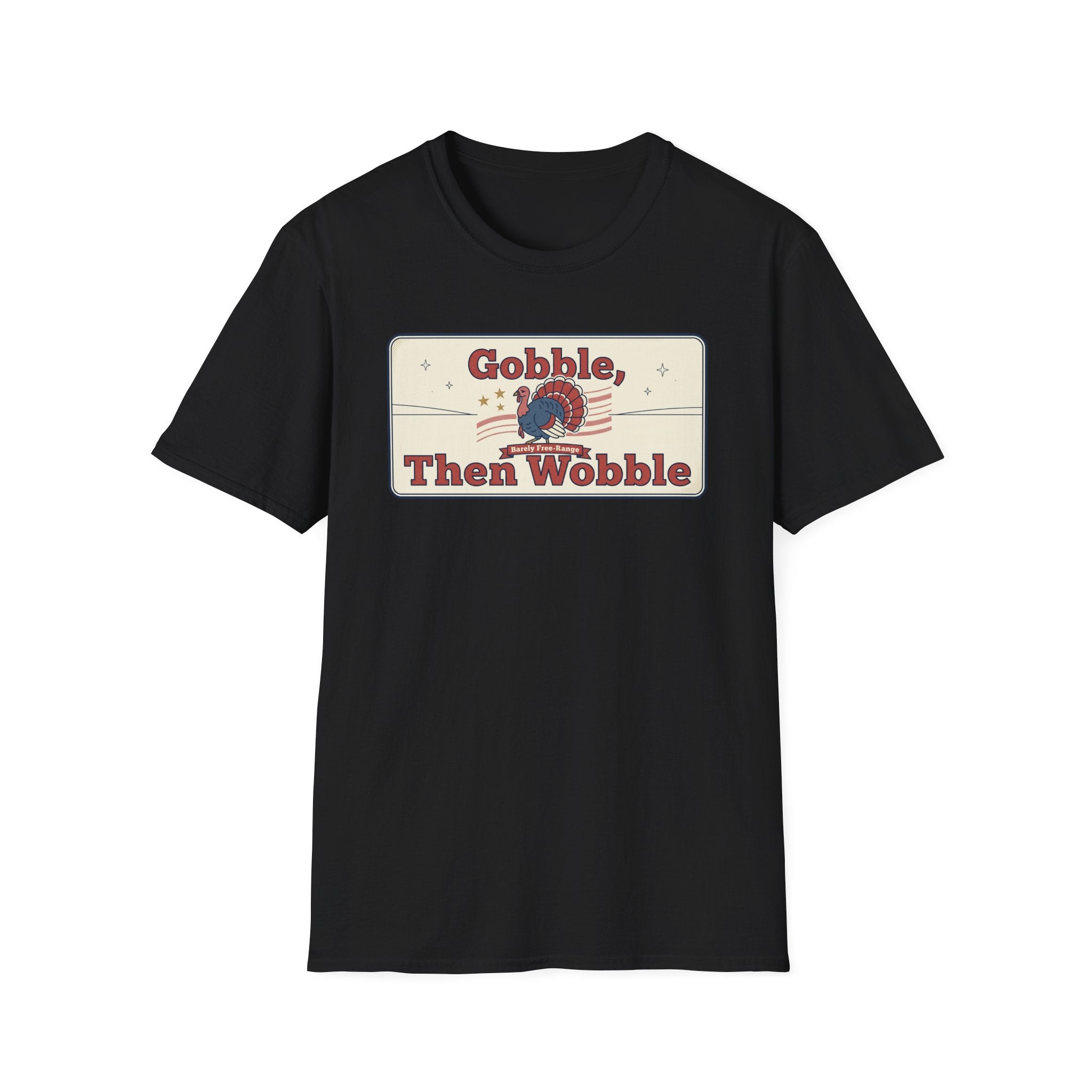Black T-shirt with retro turkey “Gobble Then Wobble” graphic front