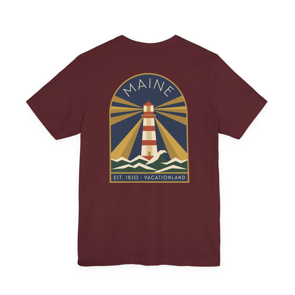 Maroon t-shirt with large circular lighthouse graphic on the front