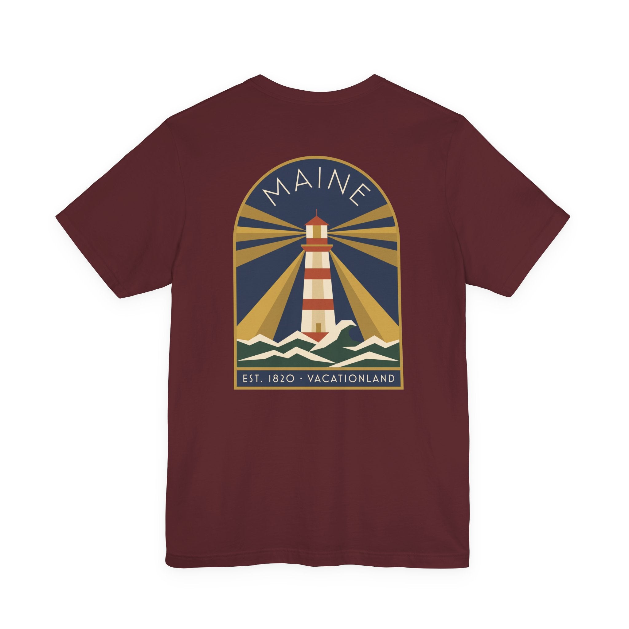 Maroon t-shirt with large circular lighthouse graphic on the front