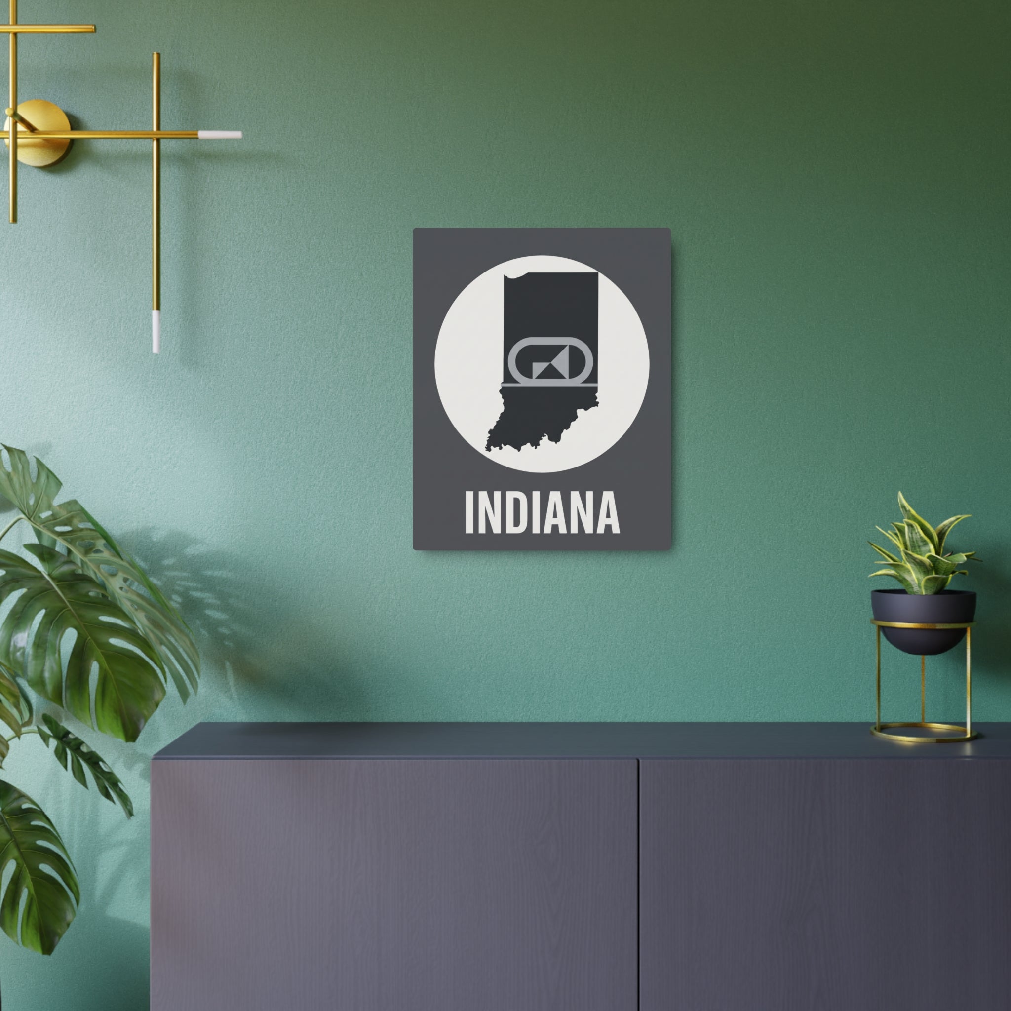 Indiana metal wall sign with dark square frame, white circle emblem, and INDIANA lettering
