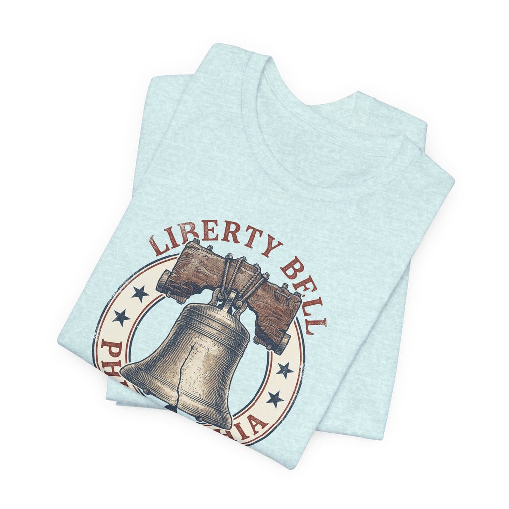 Light aqua heather Liberty Bell graphic T-shirt with bell and circular Philadelphia emblem