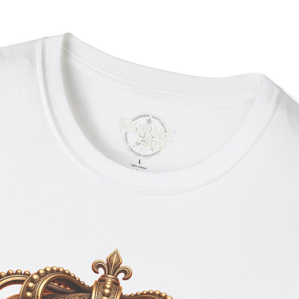 White t-shirt collar close-up with neck label and gold crown details