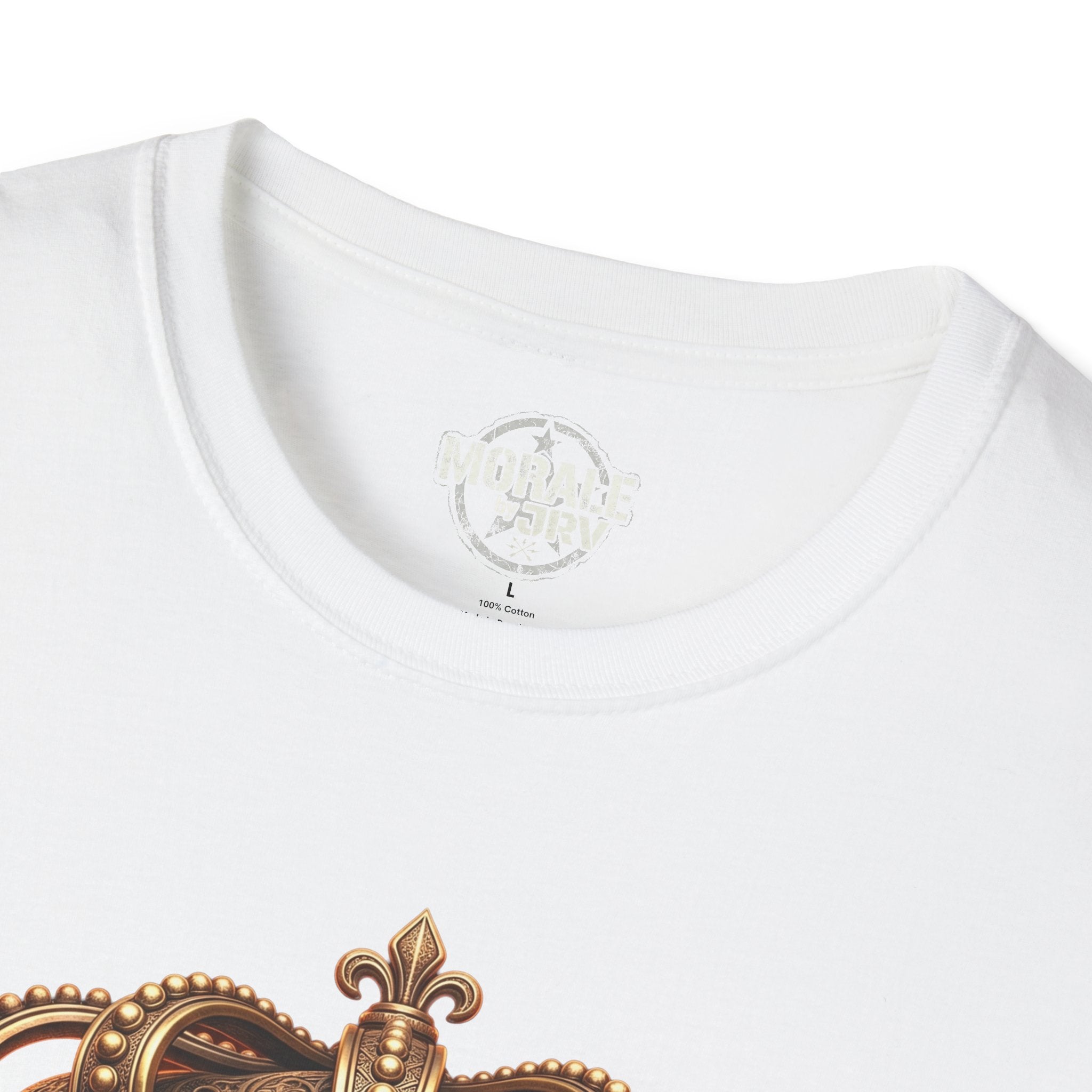 White t-shirt collar close-up with neck label and gold crown details