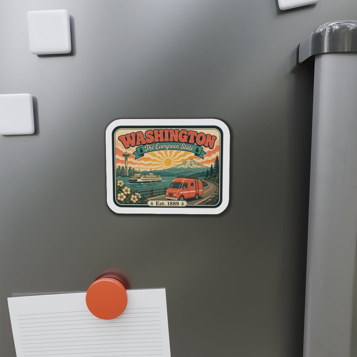 Die-cut Washington Evergreen State magnet on refrigerator, retro orange van scene, Est. 1889