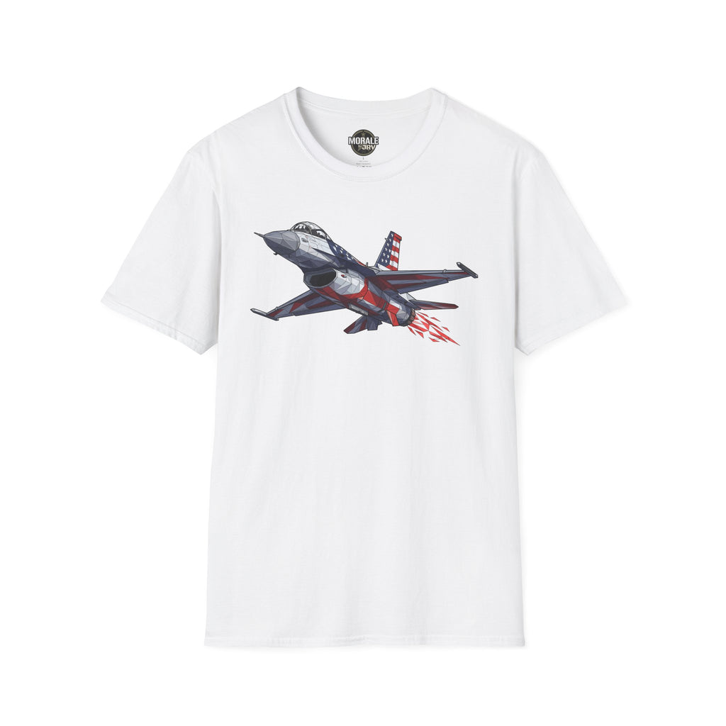 F-16 T-Shirt, white, front graphic of gray jet with American flag and red motion lines