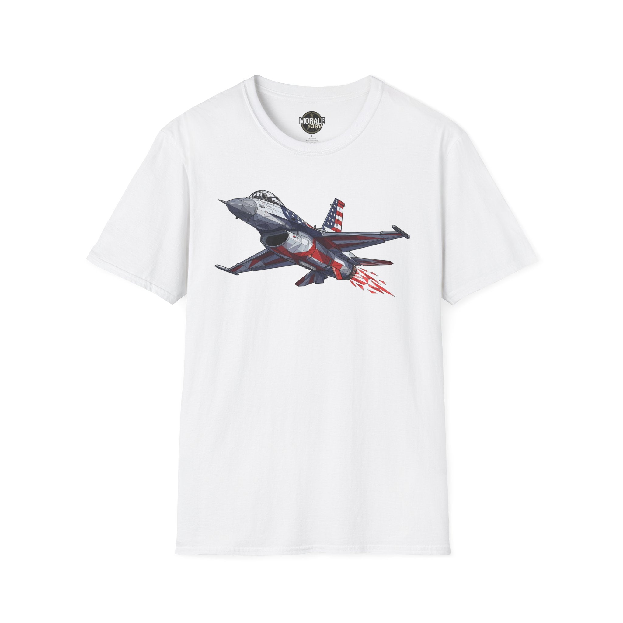 F-16 T-Shirt, white, front graphic of gray jet with American flag and red motion lines