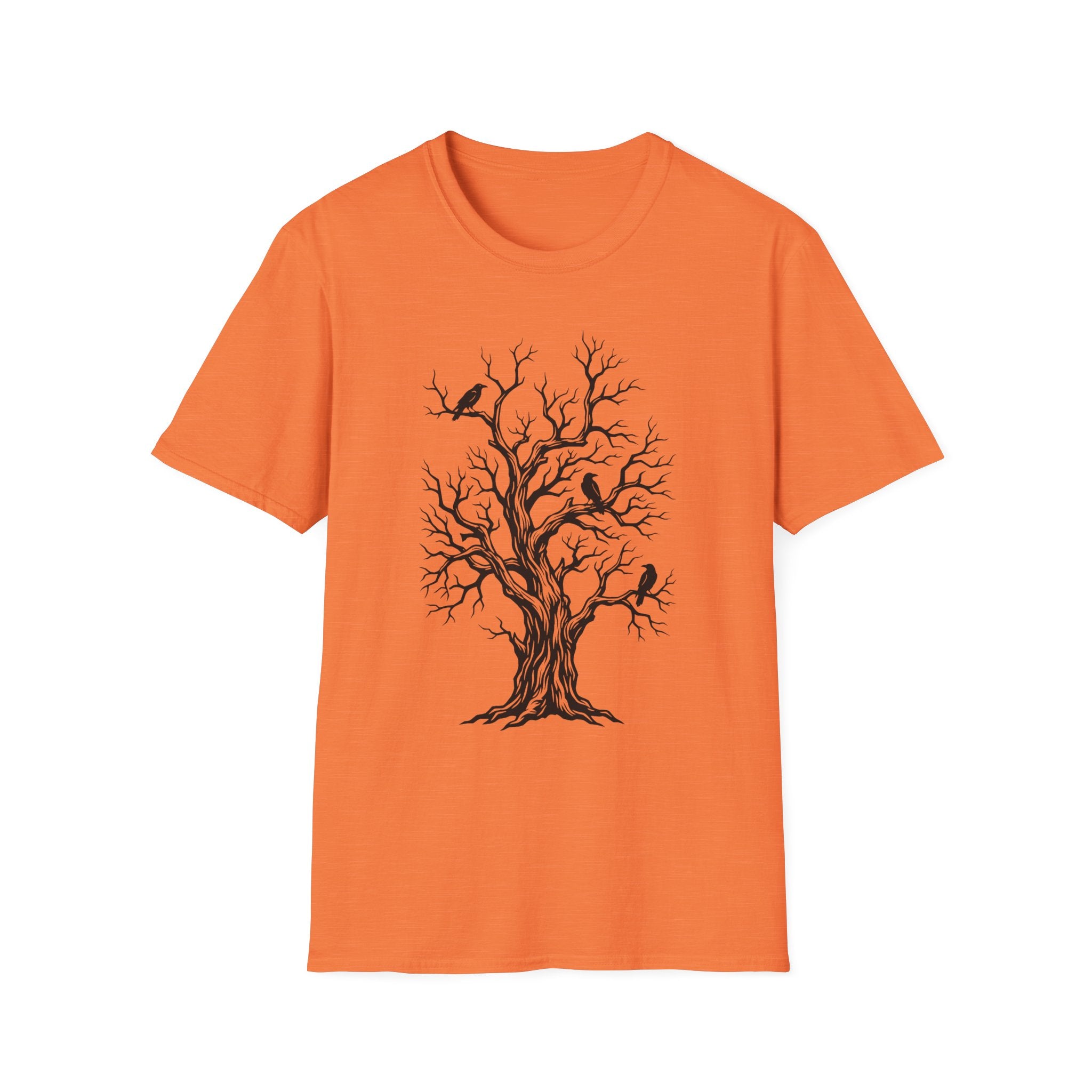 Orange T-shirt with bare tree and black crow graphic print