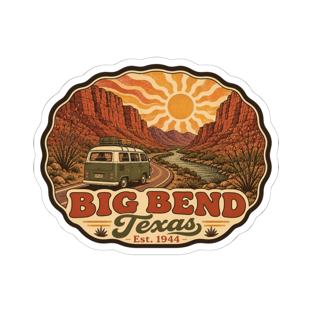 Die-cut Big Bend Texas sticker showing winding road, orange sun, and vintage camper van