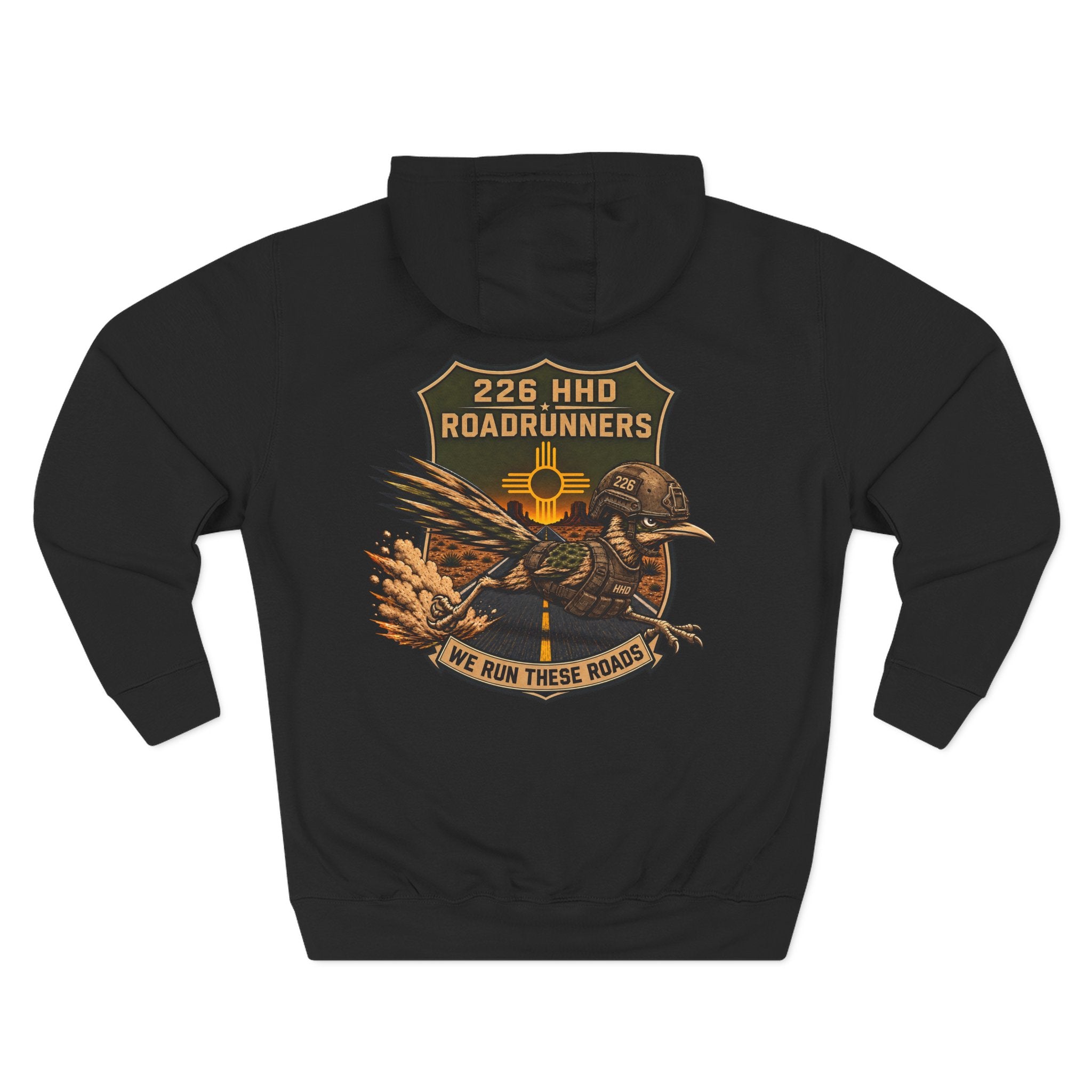 Black cotton pullover hoodie with large chest graphic and hood.