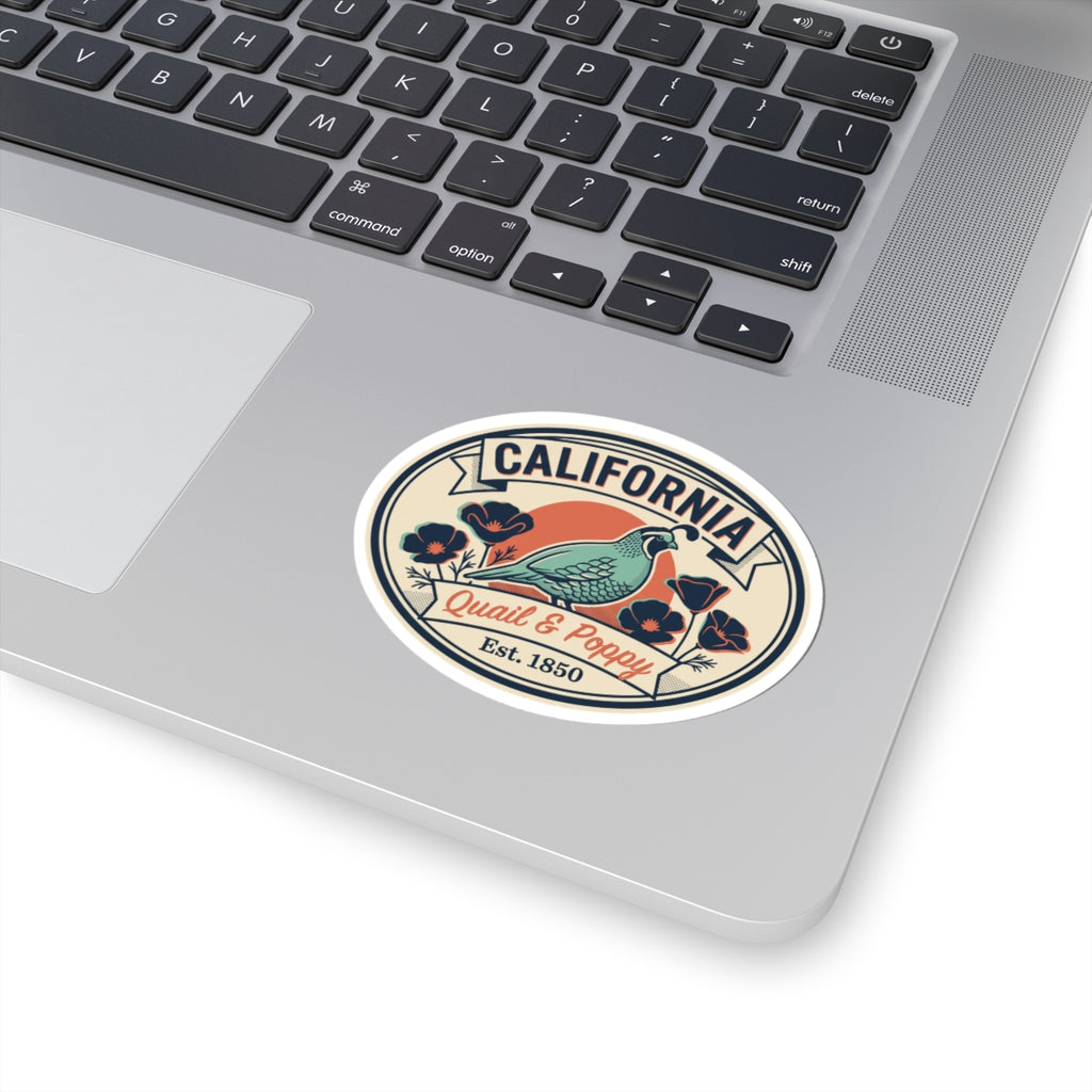 California oval quail and poppy sticker on a laptop palm rest