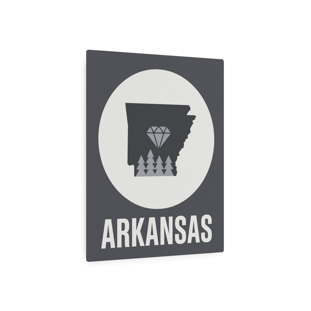 Arkansas outline metal sign with diamond and pines, dark gray square and ARKANSAS