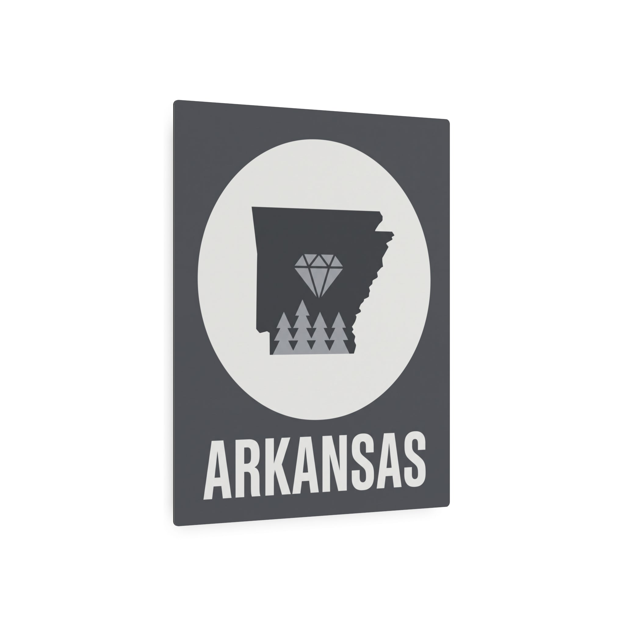 Arkansas outline metal sign with diamond and pines, dark gray square and ARKANSAS