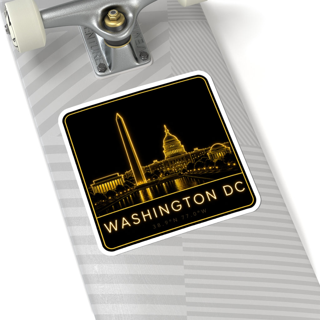 Neon outline Washington DC skyline sticker with Capitol dome, Washington Monument, and “38.90N 77.00W”