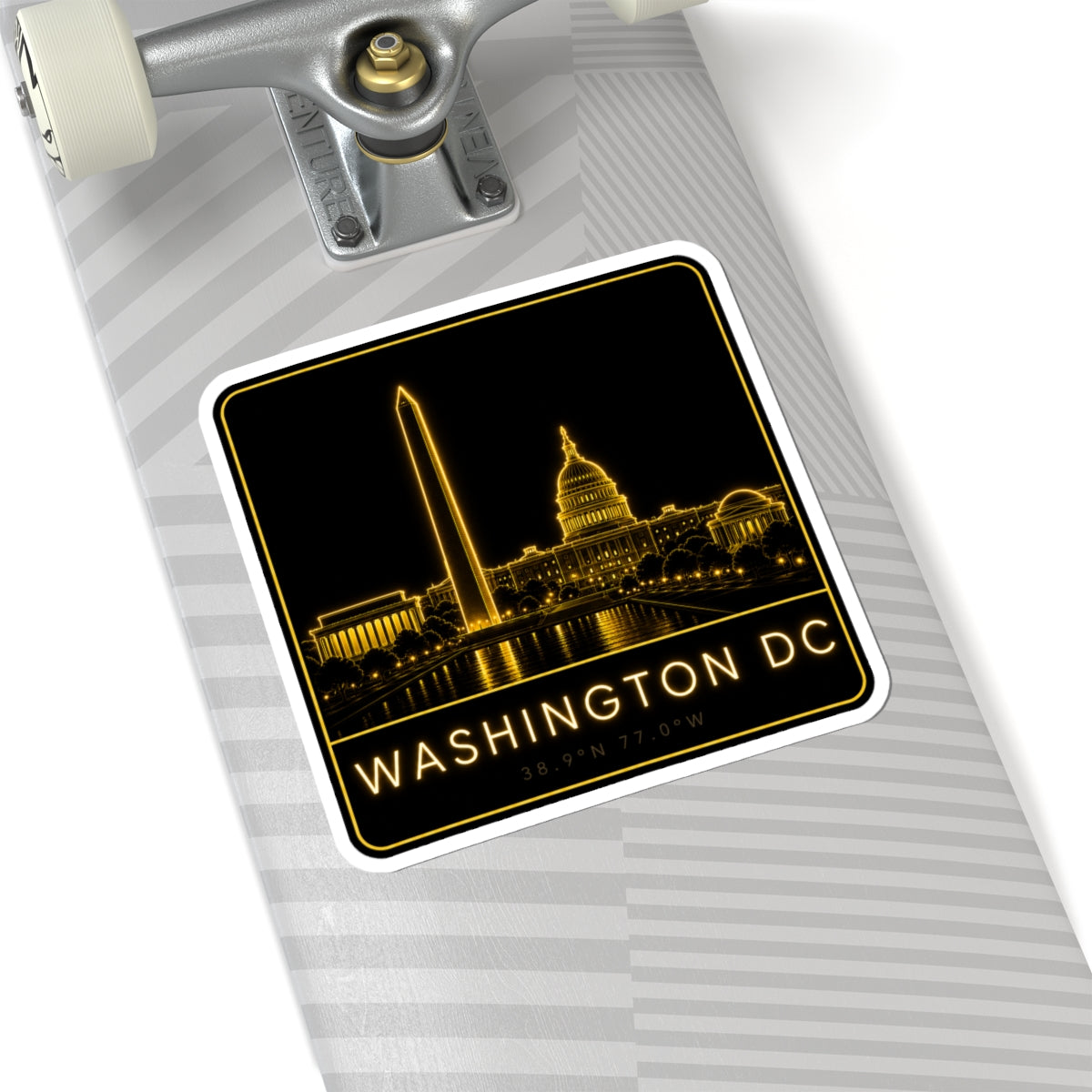 Neon outline Washington DC skyline sticker with Capitol dome, Washington Monument, and “38.90N 77.00W”