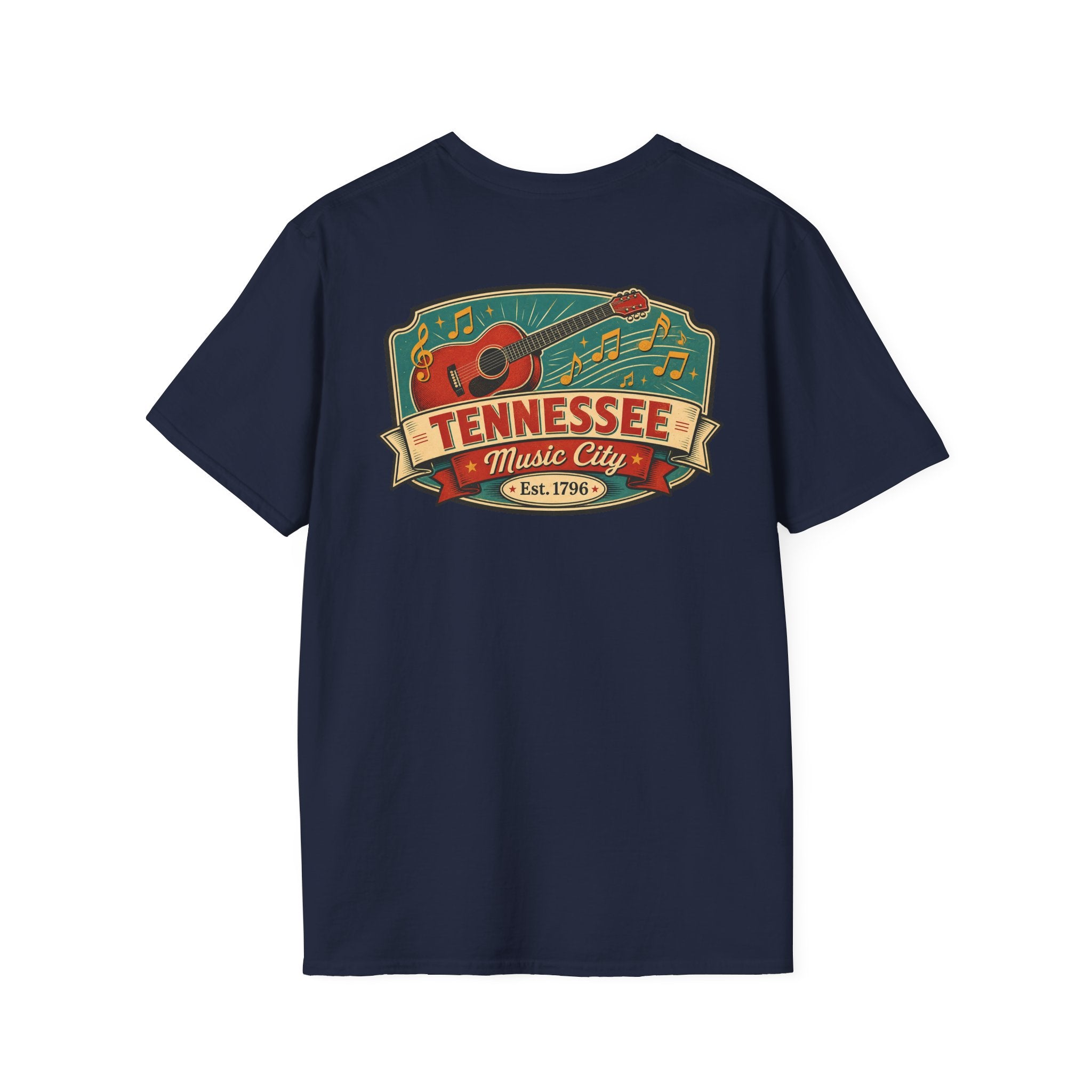 Navy T-shirt with Tennessee Music City vintage emblem graphic on chest
