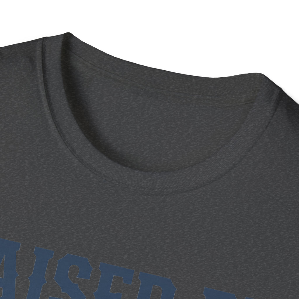Dark gray crewneck T-shirt with heather texture and soft neckline close-up