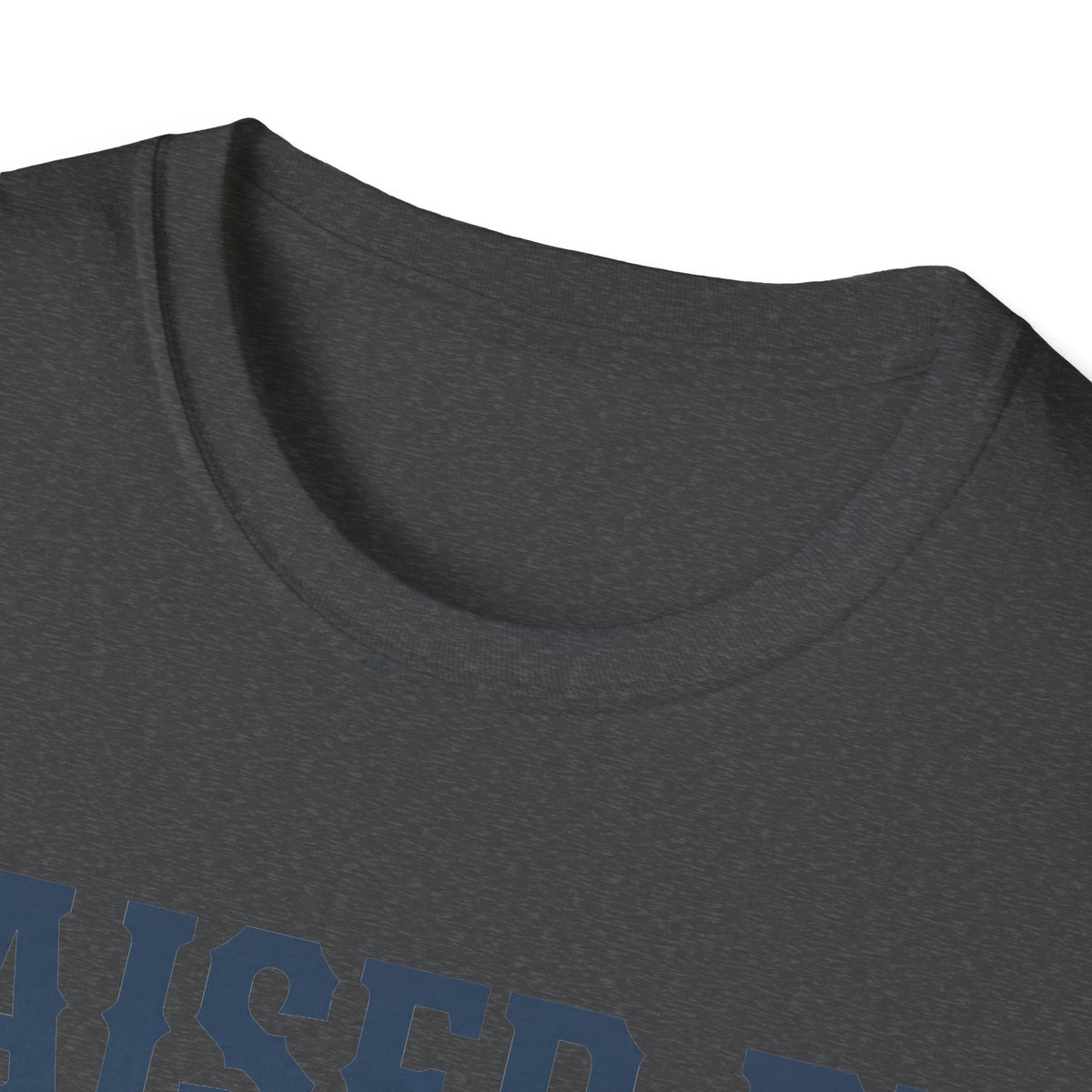 Dark gray crewneck T-shirt with heather texture and soft neckline close-up