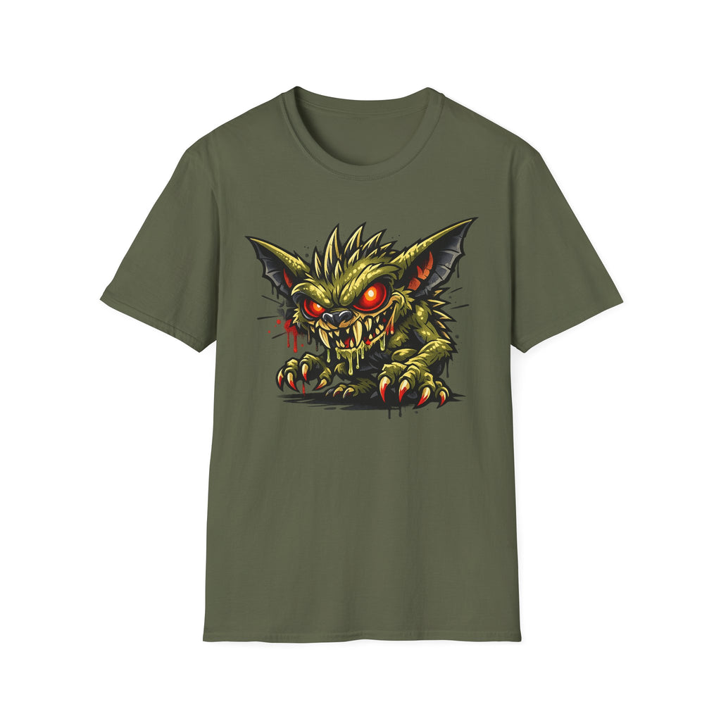 Unisex olive crewneck T-shirt with green gremlin red-eyed graphic