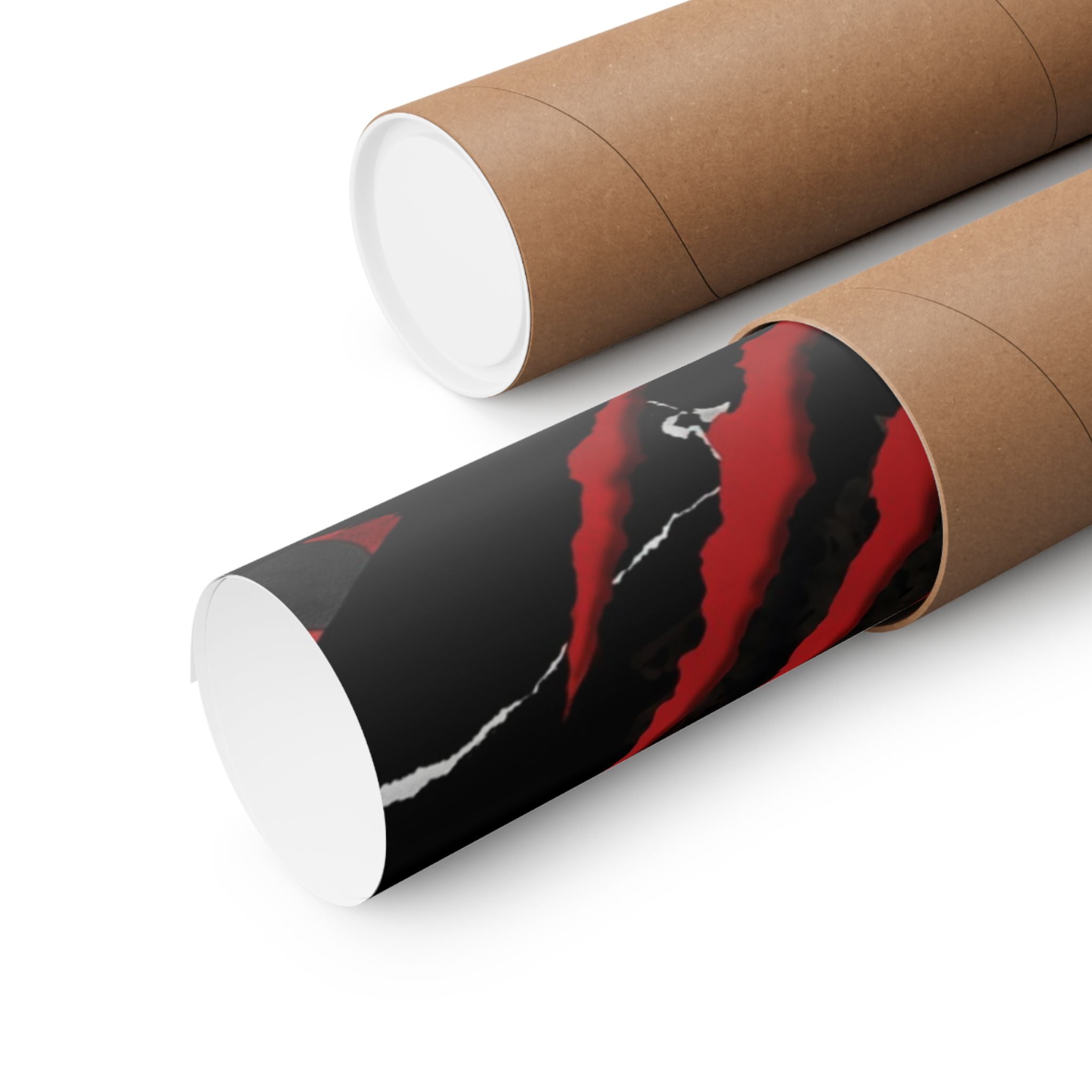 Rolled matte poster tube showing tiger print in black, red, and teal