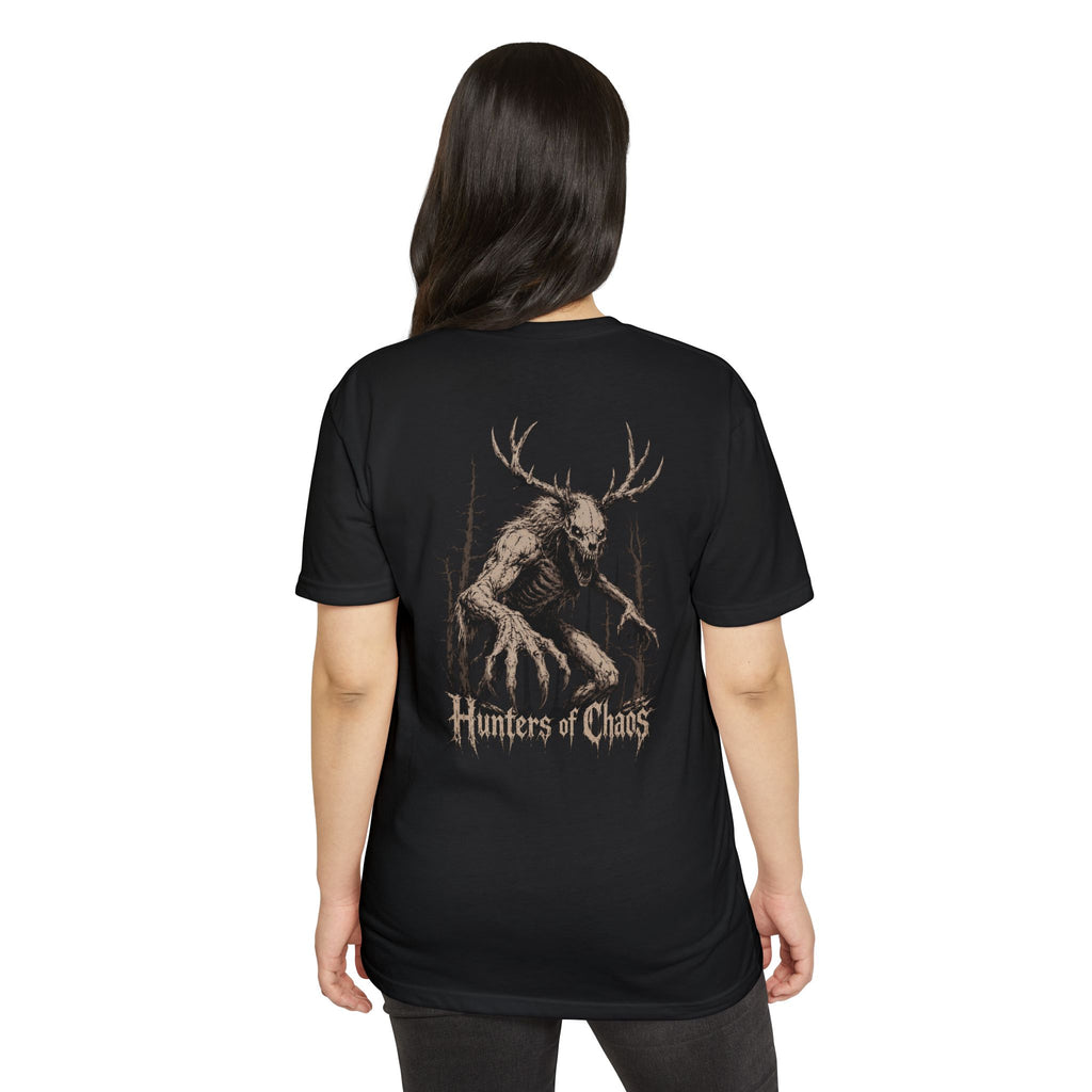 Black crewneck T-shirt with rear deer-antler graphic and Hunters of Chaos wording.