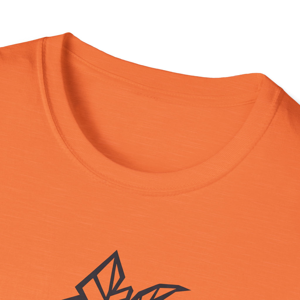Geometric Tree Moon T-Shirt, orange crew neck with partial geometric tree graphic