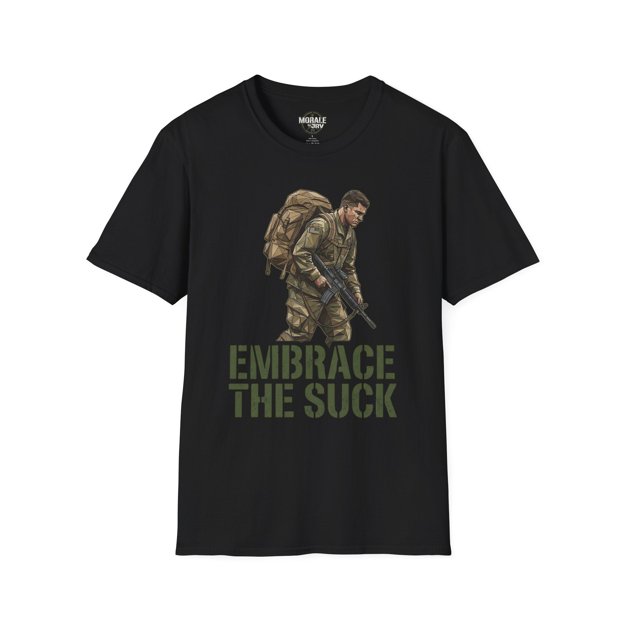 Schwarzes T-Shirt mit Soldat-Illustration und Schriftzug „EMBRACE THE SUCK“