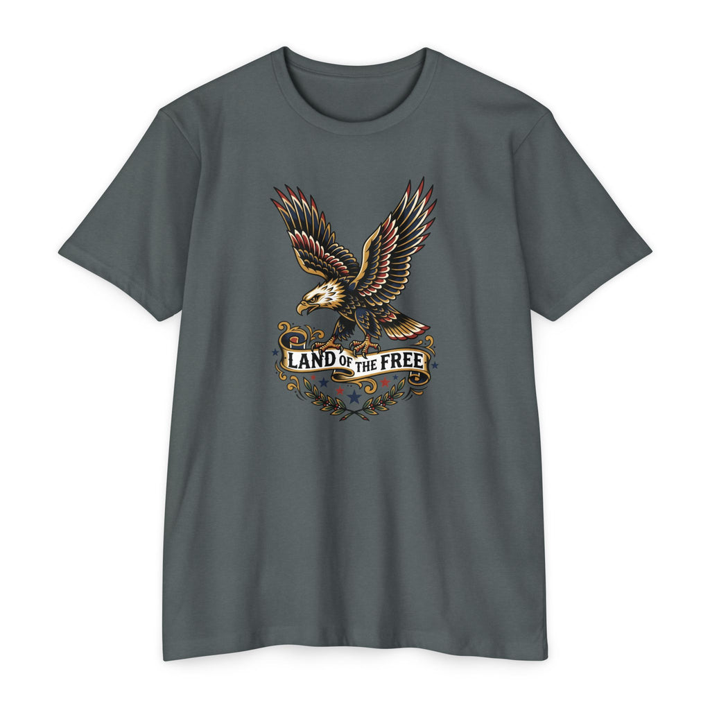 Blue-gray T-shirt with multicolor eagle graphic and “LAND OF THE FREE” text