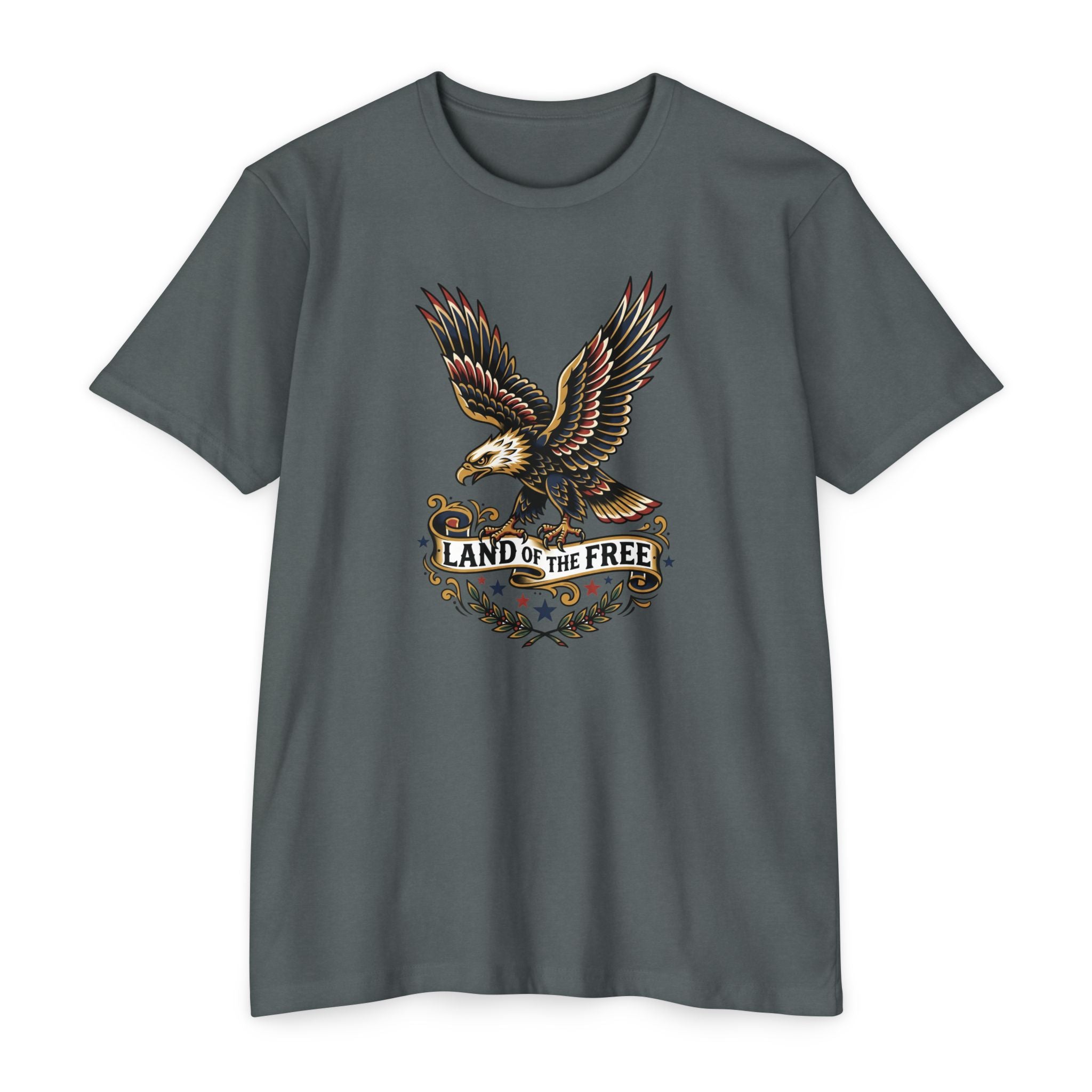 Blue-gray T-shirt with multicolor eagle graphic and “LAND OF THE FREE” text
