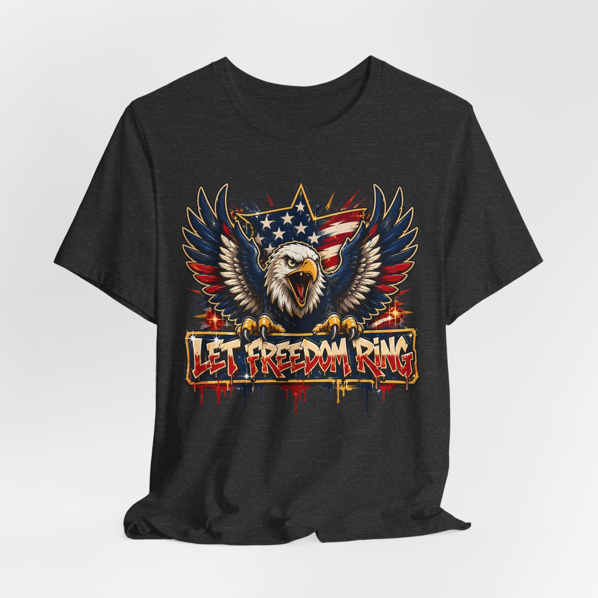 Black crew-neck T-shirt with bald eagle, wings, and patriotic text graphic