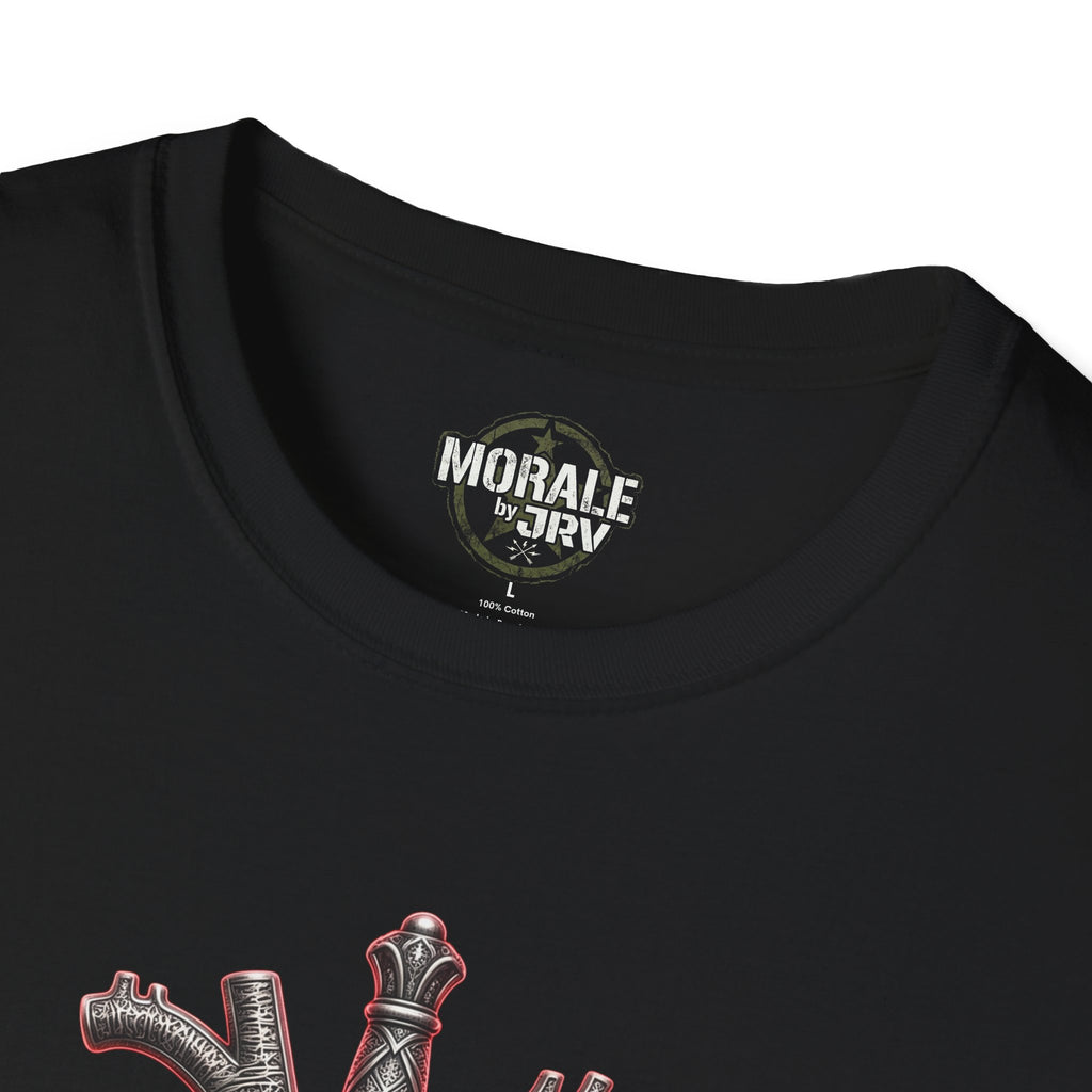 Black T-shirt neckline close-up with partial chest graphic