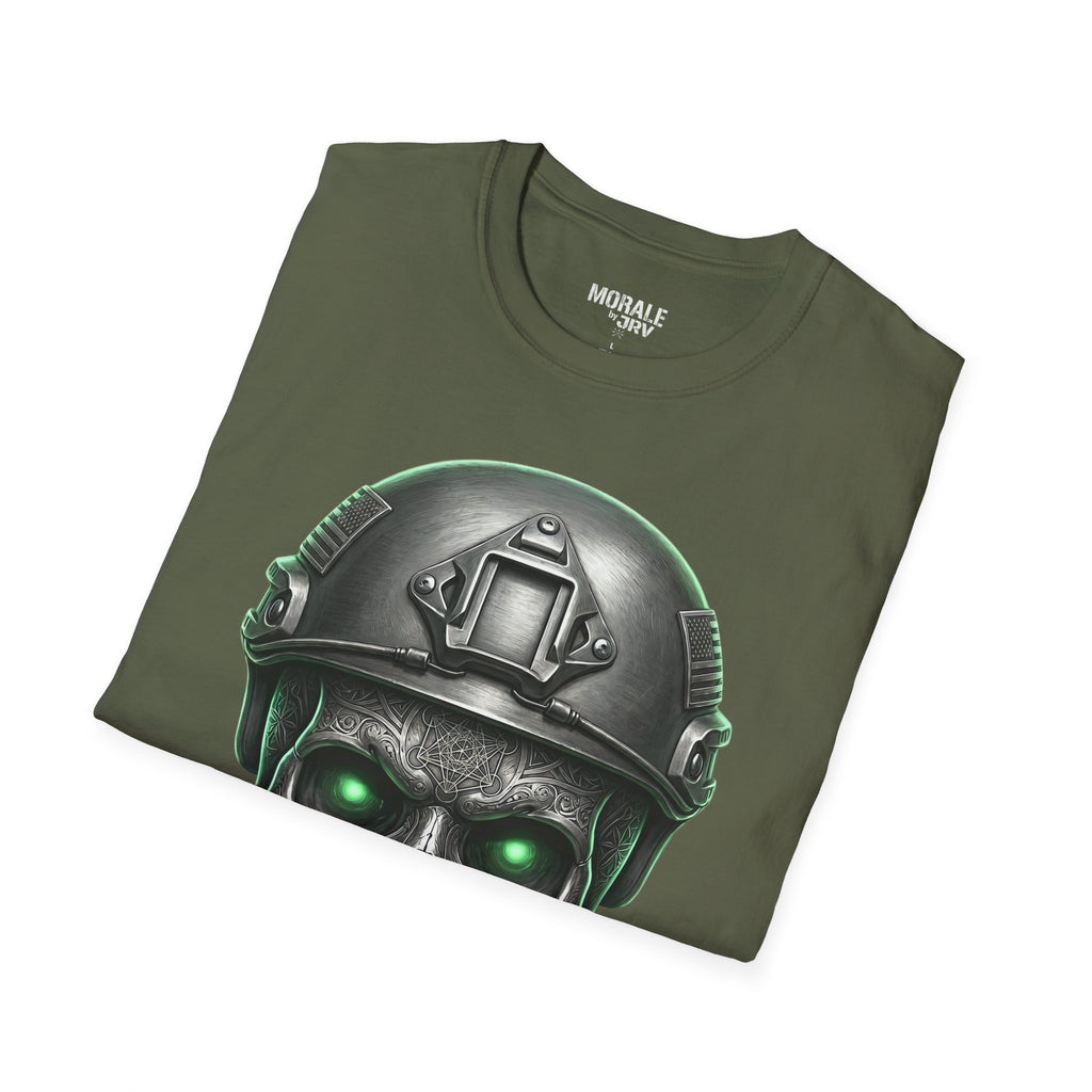Military Green tactical skull T-shirt with helmet graphic and glowing green eyes