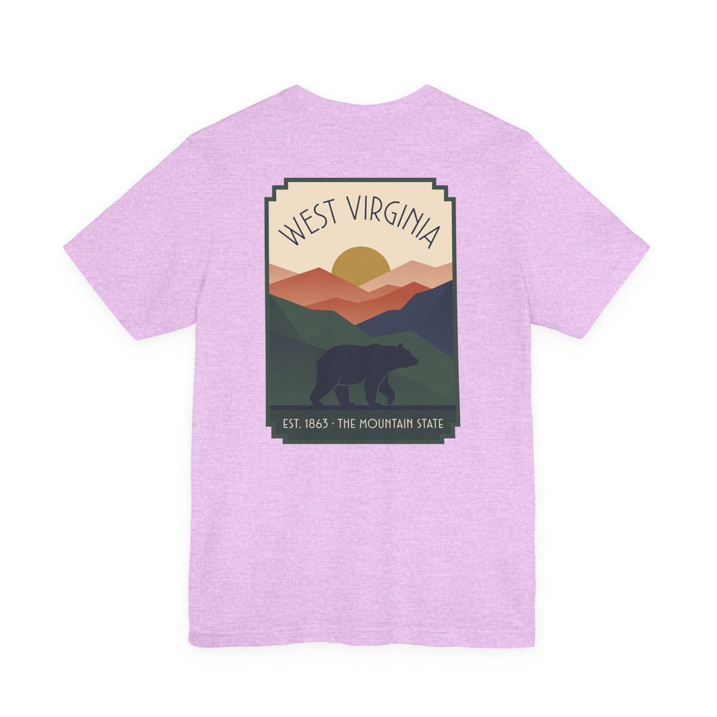 Lilac T-shirt with West Virginia bear and mountain graphic on the front.
