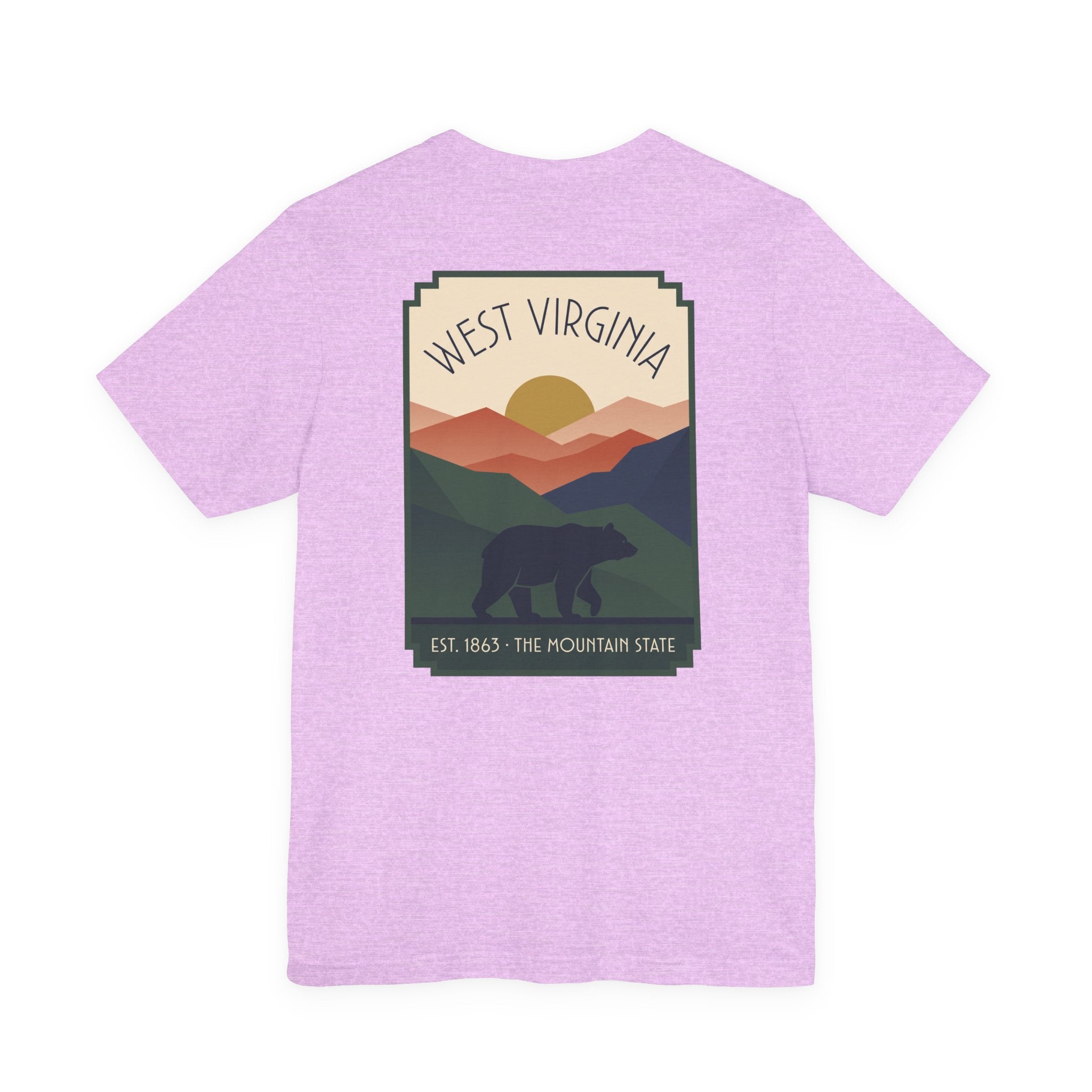 Lilac T-shirt with West Virginia bear and mountain graphic on the front.