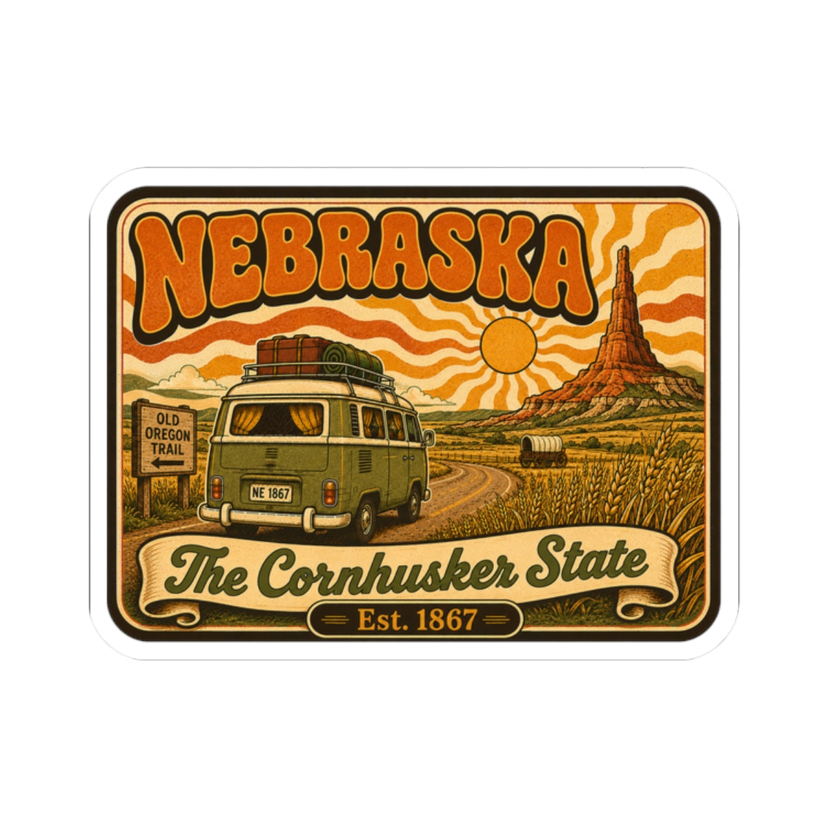 Nebraska vintage van kiss-cut sticker with bus illustration, corn rows, and Nebraska lettering