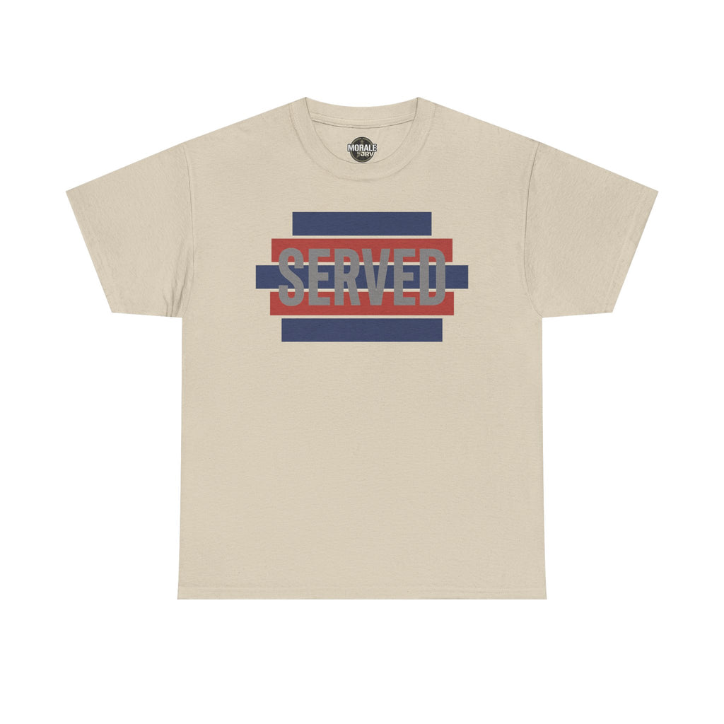 Light tan T-shirt with “SERVED” graphic in red and blue stripes at center chest