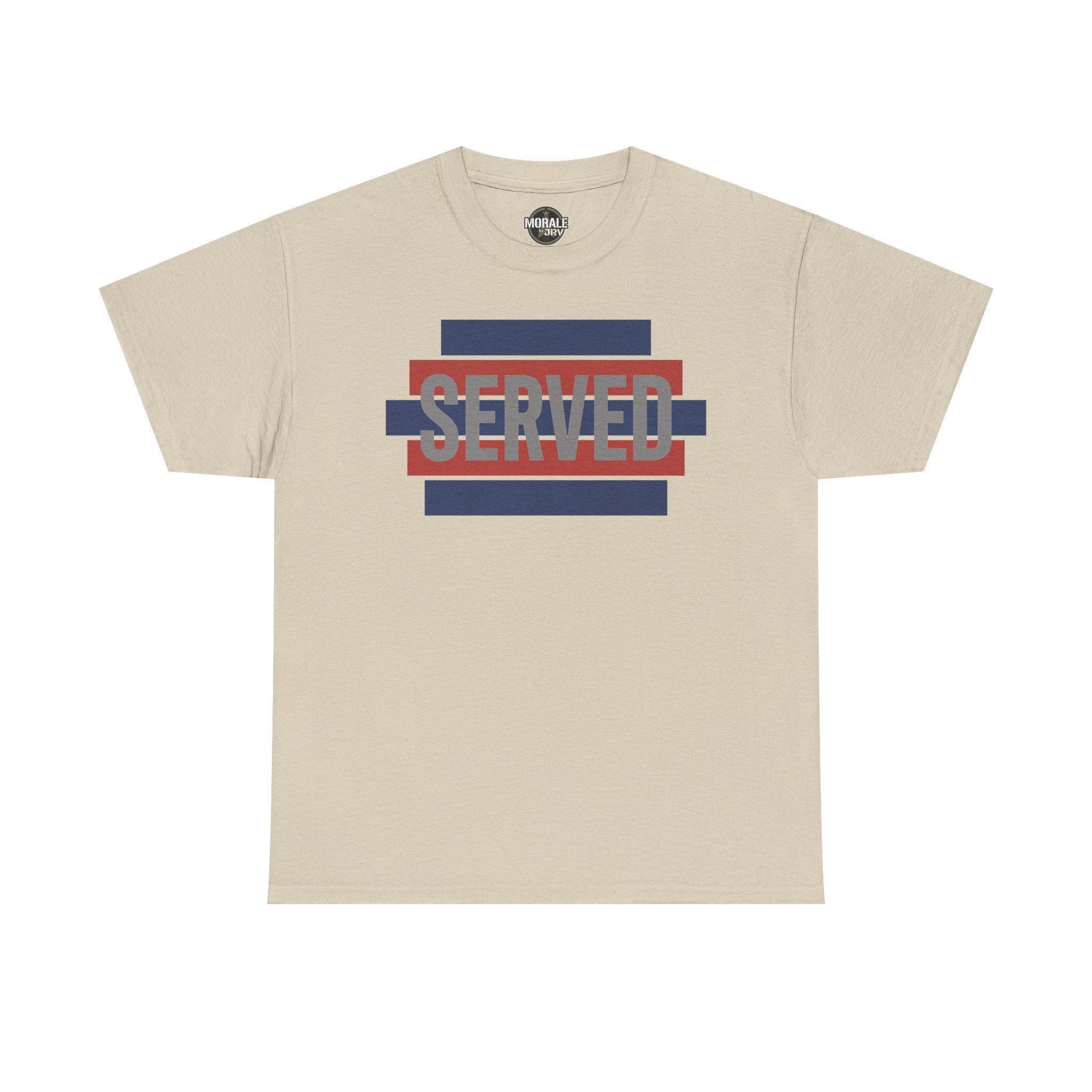 Light tan T-shirt with “SERVED” graphic in red and blue stripes at center chest
