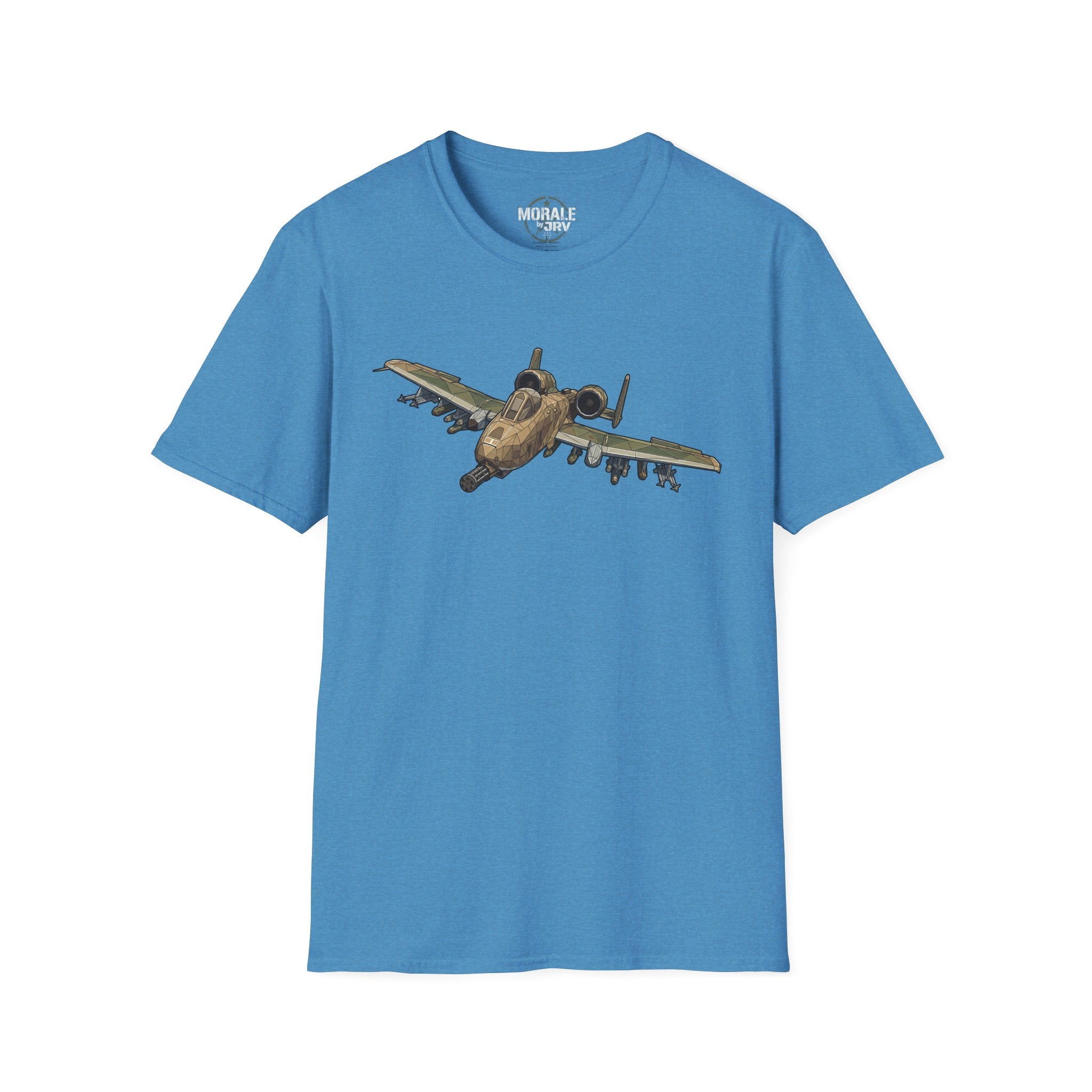 Blue heather T-shirt with A-10 Warthog aircraft graphic on the chest