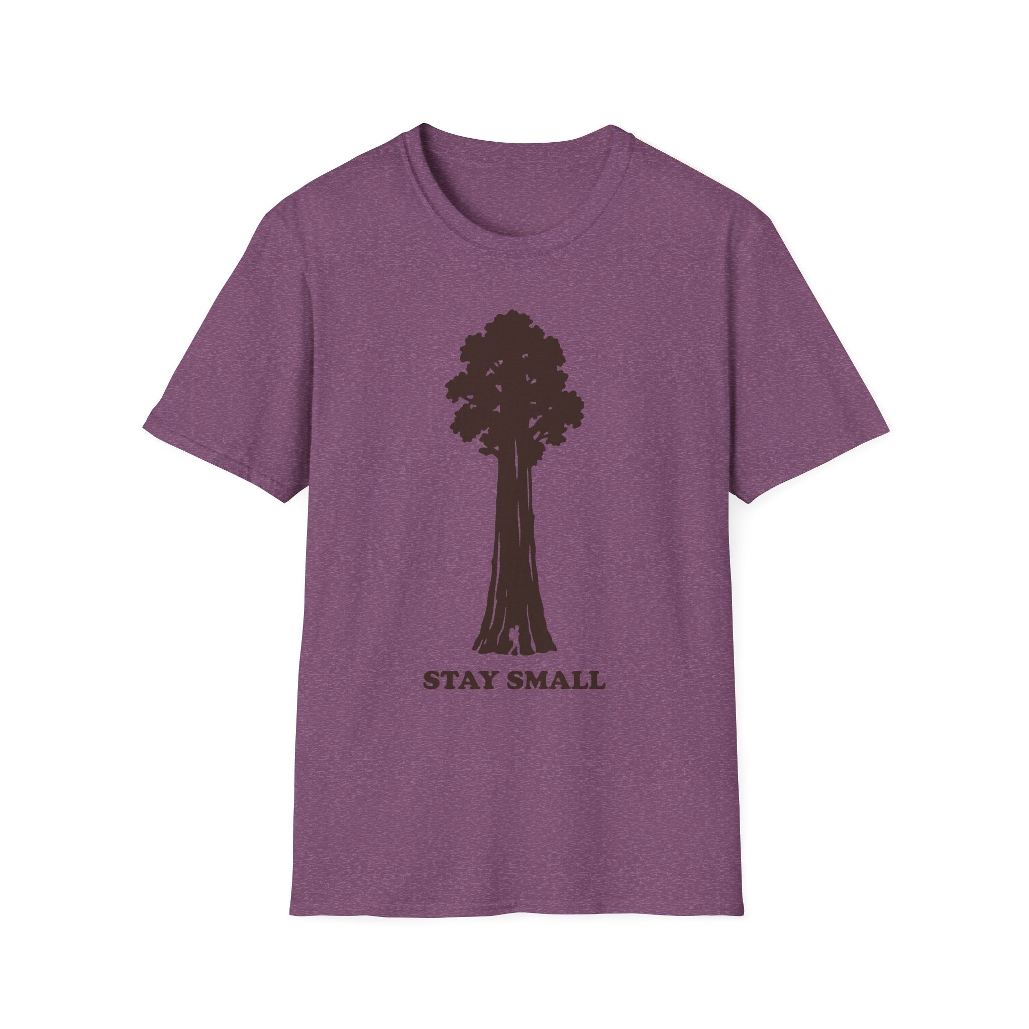 Purple graphic T-shirt with small tree and “STAY SMALL” text