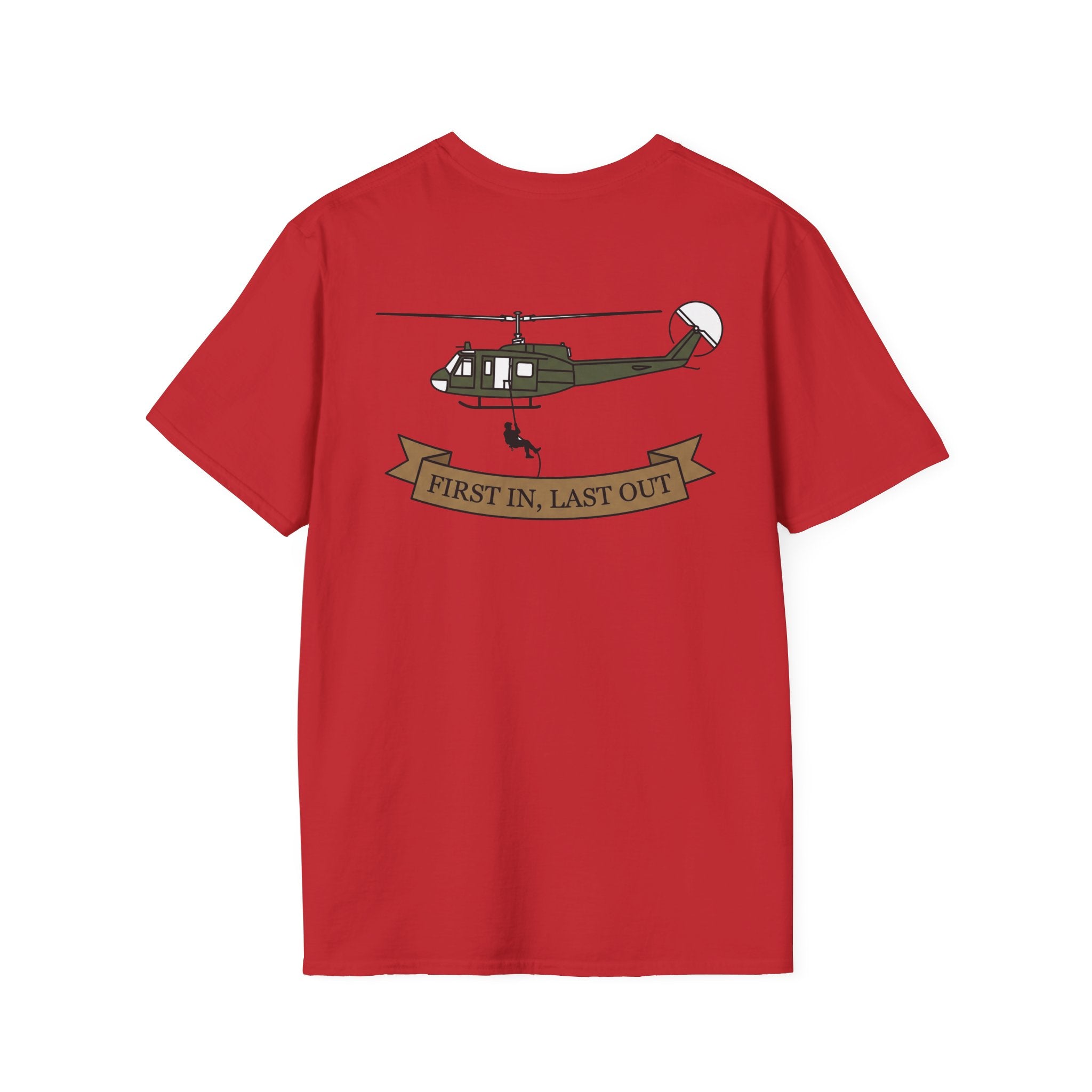 Red rescue helicopter T-shirt with helicopter and banner graphic on front