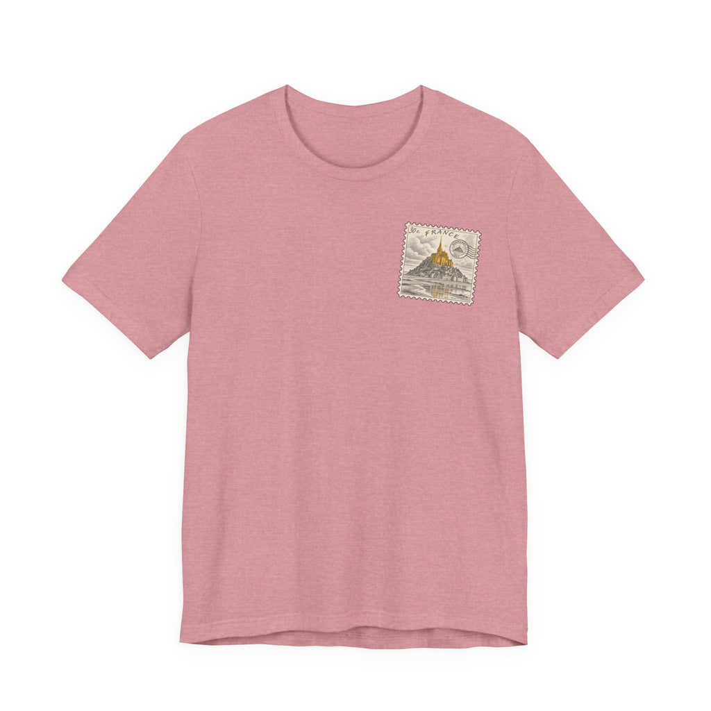 Rose pink short-sleeve T-shirt with small vintage postage stamp graphic on chest