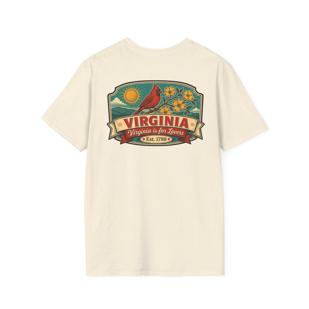 Natural/off-white T-shirt with Virginia travel graphic and cardinal bird print