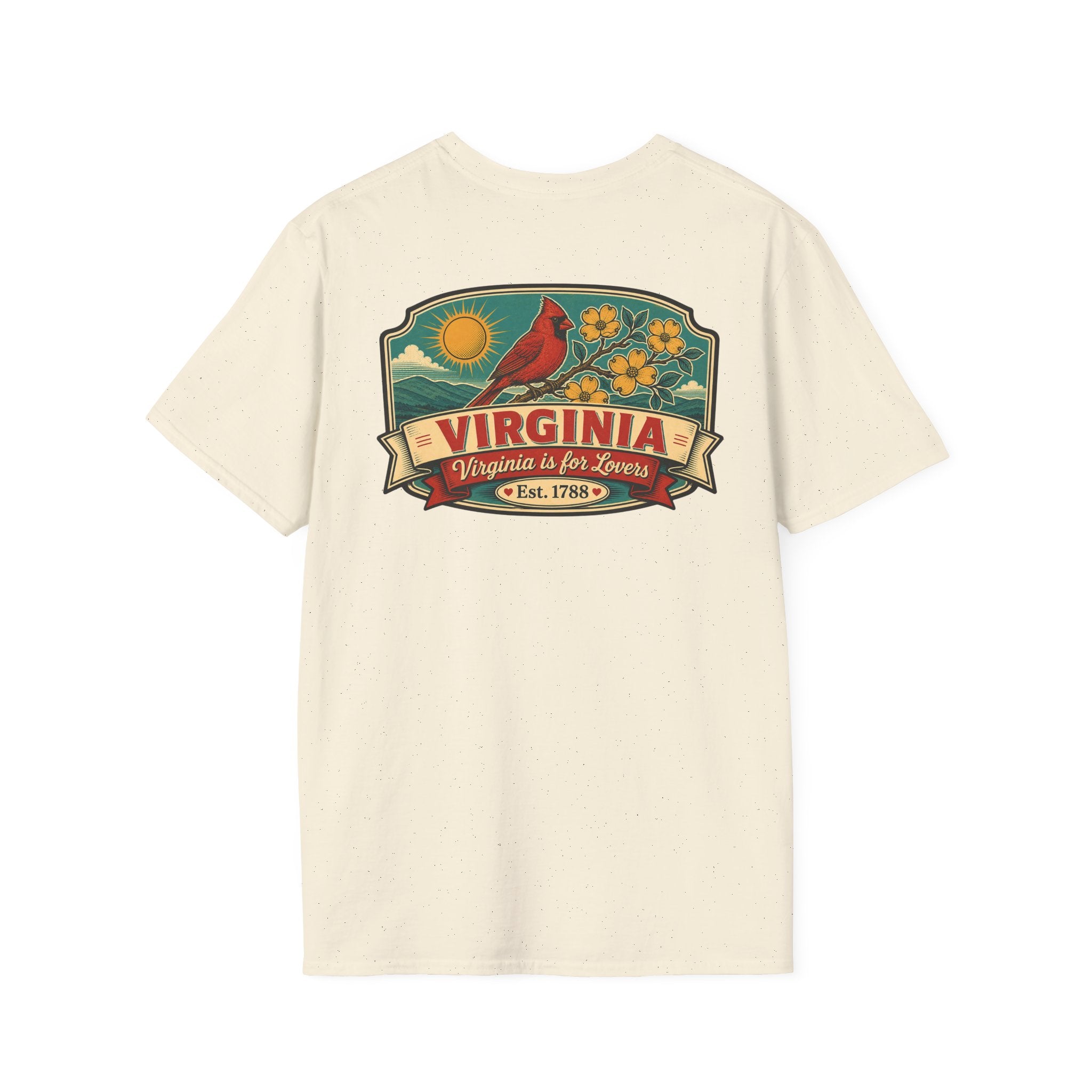 Natural/off-white T-shirt with Virginia travel graphic and cardinal bird print