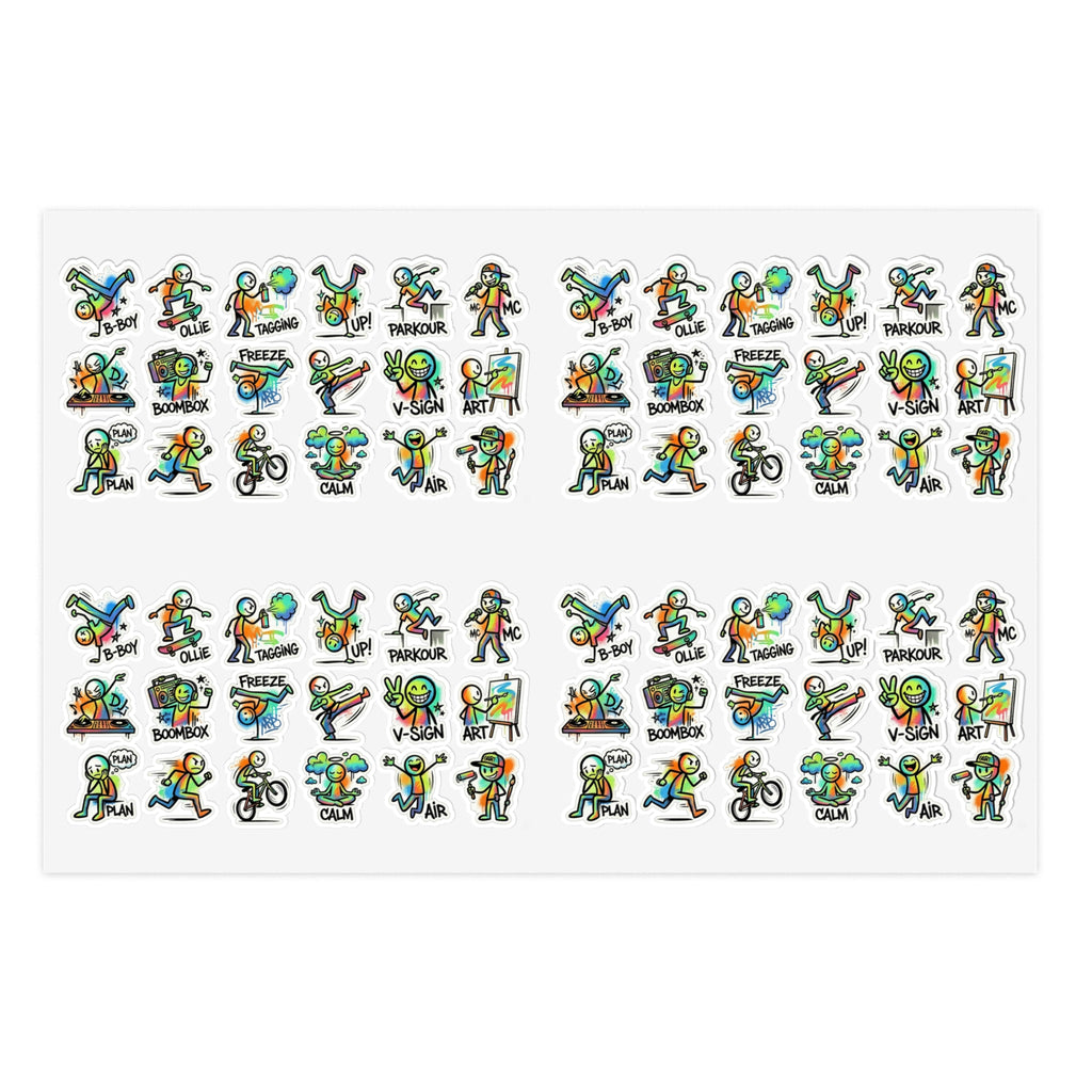 Mini activity character sticker sheet with die-cut cute exercise icons in rows