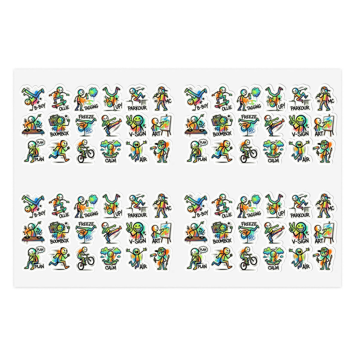 Mini activity character sticker sheet with die-cut cute exercise icons in rows