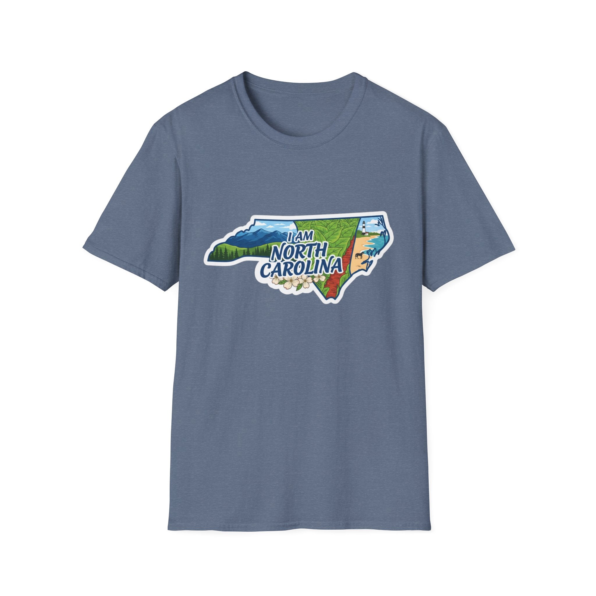 (Heather Indigo) North Carolina map T-shirt with nature and floral graphic
