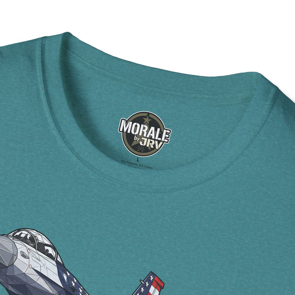 Teal T-shirt neckline with “Morale by JRV” label