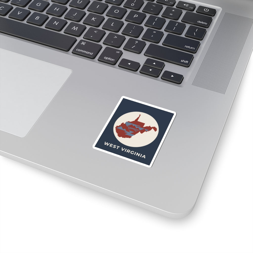 West Virginia map sticker, square white border with red mountain silhouette