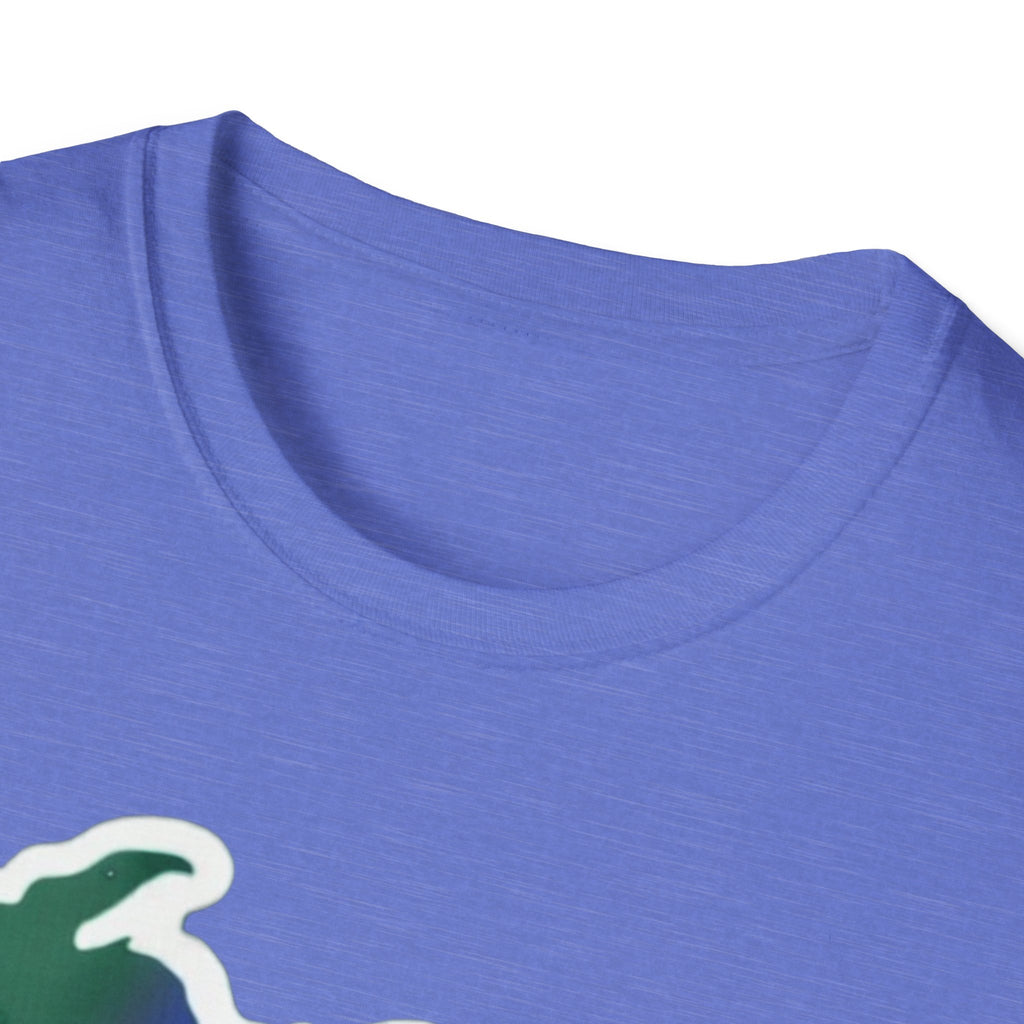 Purple T-shirt neckline with partial Michigan outline and heart print