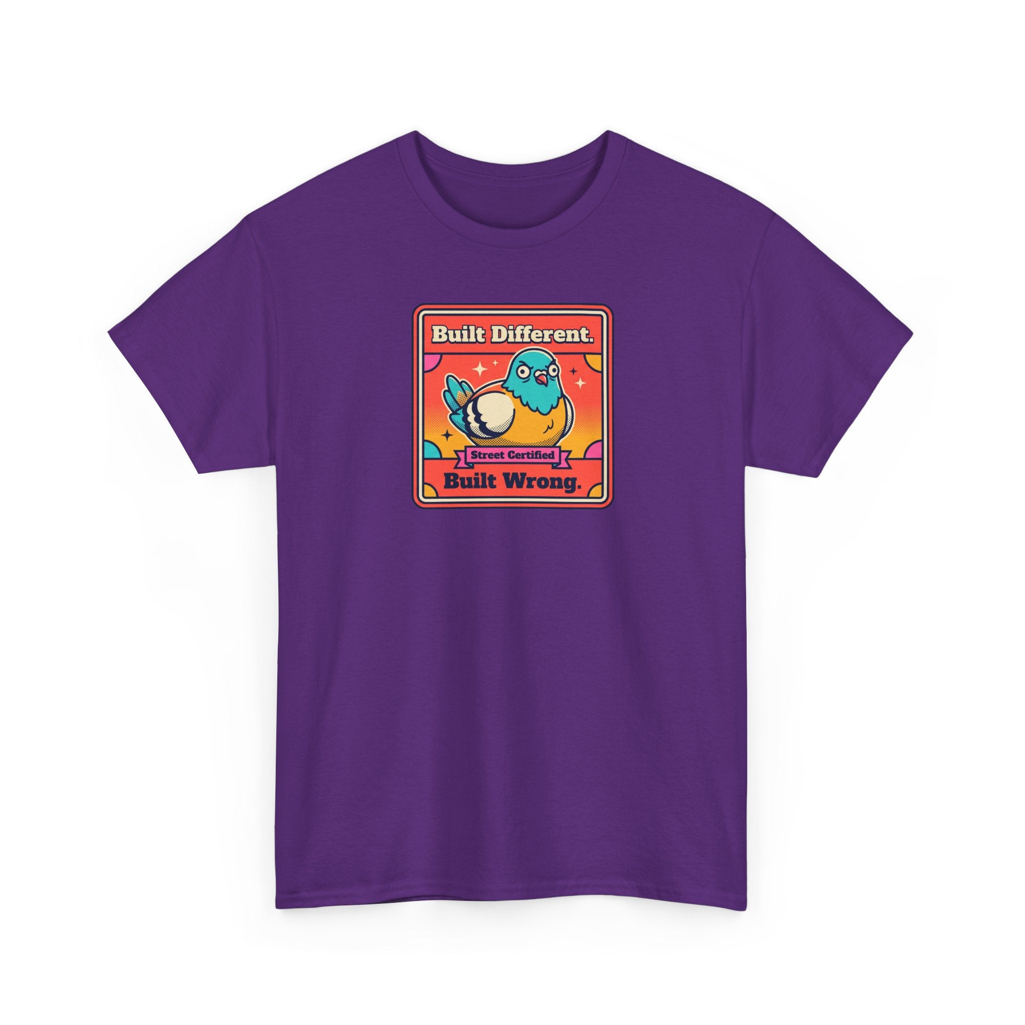 Purple T-shirt with framed cartoon bird graphic on the chest